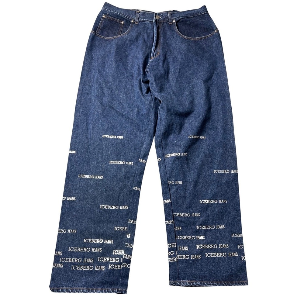 VTG‎ Iceberg Jeans Mens 36x32 Dark Wash Logo Print Wide Leg Denim Made in Italy